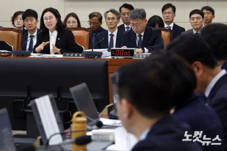 이미선 기상청장이 8일 서울 여의도 국회에서 열린 기후환경노동위원회의 기상청에 대한 국정감사에서 의원 질의에 답변을 하고 있다.