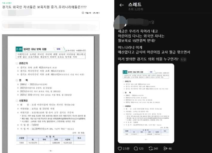 7일 회원수 360만명 규모의 맘카페와 스레드 등 온라인 커뮤니티에 '내국인 보육예산은 삭감하면서 외국인 자녀 지원은 늘렸다'는 취지의 주장글이 확산했다. 맘스홀릭베이비·스레드 캡처(계정 비공개 처리)