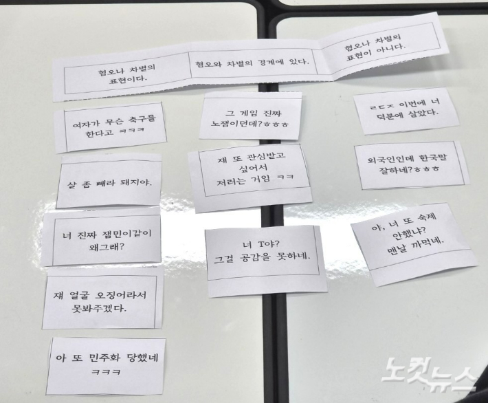 전남광주 동구 동산초등학교에서 진행된 민주시민교육에서 학생들이 일상에서 접할 수 있는 여러 문장을 '혐오·차별 표현', '경계에 있는 표현', '혐오·차별 표현이 아닌 말'로 나눠보는 활동을 하고 있다. 정유철 기자