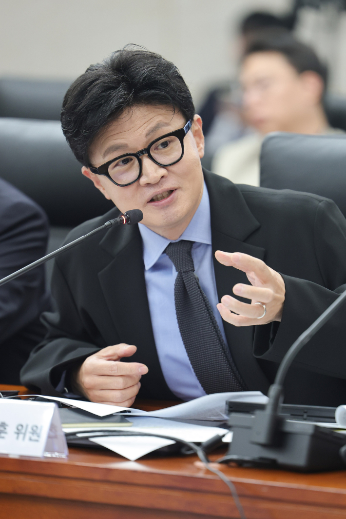 무소속 한동훈 의원이 7일 서울 종로구 남북회담본부에서 열린 외교통일위원회 국정감사에서 정동영 통일부 장관에게 질의하고 있다.  연합뉴스
