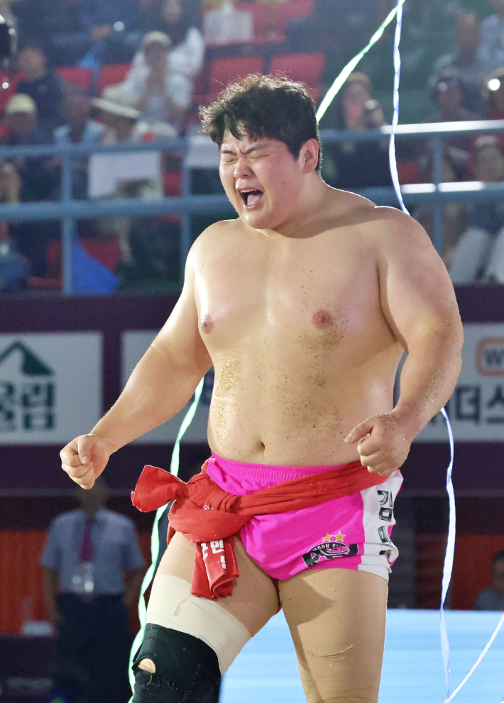 김민재가 11일 충청북도 괴산군 괴산문화체육센터에서 열린 '위더스제약 2026 괴산추석장사씨름대회' 백두급(140kg 이하) 장사 결정전에서 마권수를 누른 뒤 포효하고 있다. 대한씨름협회 