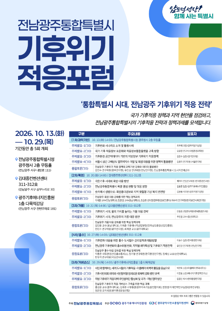 전남광주통합특별시는 광주기후에너지진흥원, 광주지방기상청과 함께 오는 13일부터 29일까지 광주청사 무등홀과 김대중컨벤션센터, 광주기후에너지진흥원에서 '기후위기 적응 토론회'를 개최한다. 전남광주통합특별시 제공