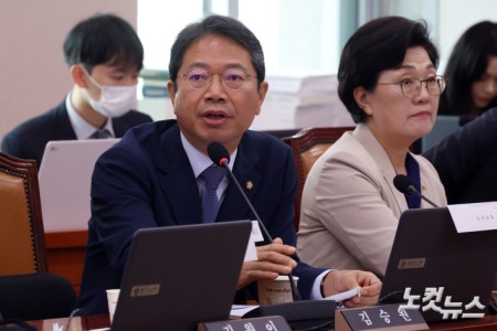 12일 서울 여의도 국회에서 열린 산업통상자원중소벤처기업위원회의 대한무역투자진흥공사·한국무역보험공사 등에 대한 국정감사에서 더불어민주당 김승원 의원이 질의를 하고 있다.
