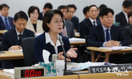 추미애 경기도지사가 13일 경기 수원시 영통구 경기도청에서 열린 국회 행정안전위원회의 경기도에 대한 국정감사에서 위원들의 질의에 답변하고 있다.