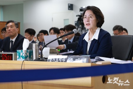 추미애 경기도지사가 13일 경기 수원시 영통구 경기도청에서 열린 국회 행정안전위원회의 경기도에 대한 국정감사에서 위원들의 질의에 답변하고 있다.