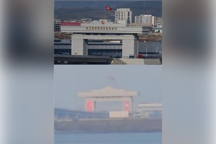 5일 신압록강대교 북한 측 관문 모습(위)과 13일 촬영한 사진(아래). 연합뉴스