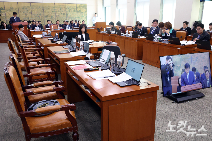 14일 서울 여의도 국회에서 열린 문화체육관광위원회의 사행산업통합감독위원회·한국예술종합학교 등에 대한 국정감사에서 국민의힘 의원들의 자리가 비어있다. 윤창원 기자
