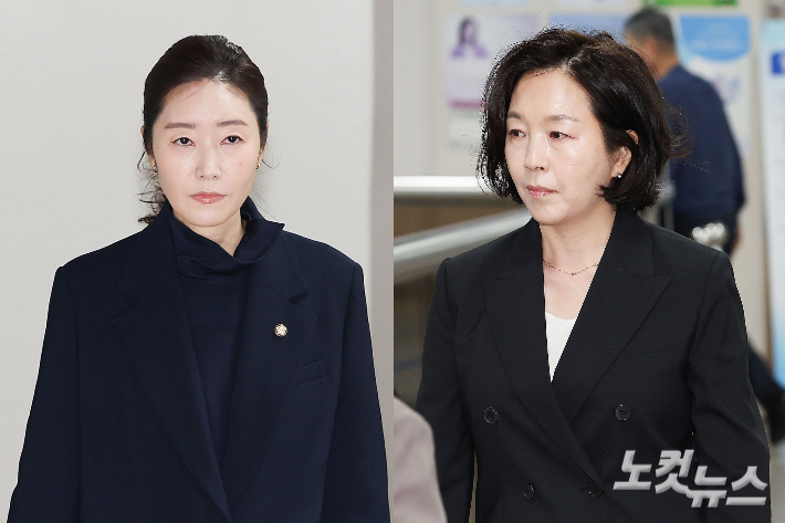 공천헌금 명목으로 1억원을 주고받은 혐의를 받는 무소속 강선우 의원(사진 왼쪽)과 김경 전 서울시의원(사진 오른쪽)이 14일 오후 서초구 서울중앙지방법원에서 열린 1심 선고 공판에 각각 출석하고 있다. 류영주 기자