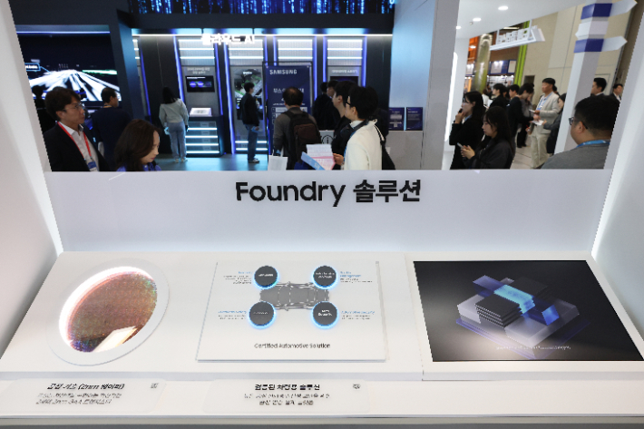 14일 서울 강남구 코엑스에서 열린 제28회 반도체대전(SEDEX 2026)의 삼성전자 부스에 파운드리(반도체 위탁생산) 공정기술 관련 2나노 게이트올어라운드(GAA) 웨이퍼 등이 전시돼 있다. 연합뉴스