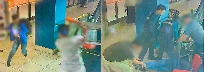 인천경찰청이 14일 공개한 CCTV 영상에 전날(13일) 인천 남동구 구월동의 대형 상업시설 건물에서 시민들이 흉기 난동범을 제압하는 장면이 담겼다. 연합뉴스