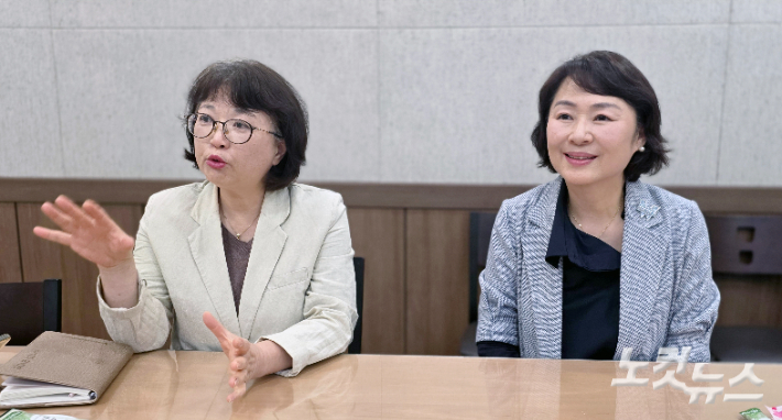 부산YWCA 김혜진 회장(오른쪽)과 김정환 사무총장(왼쪽)이 80주년 기념식을 앞두고 인터뷰를 하고 있다. 이강현 기자