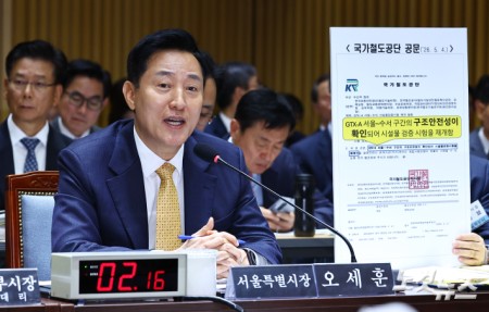 오세훈 서울시장이 15일 오전 서울 중구 서울시청에서 열린 국회 행정안전위원회의 서울시에 대한 국정감사에서 위원들의 질의에 답변하고 있다.