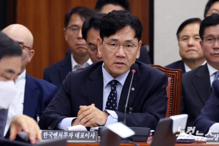 이대희 한국벤처투자 대표이사가 15일 서울 여의도 국회에서 열린 산업통상자원중소벤처기업위원회의 중소벤처기업진흥공단 등 국정감사에서 의원 질의에 답변을 하고 있다.