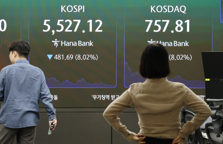 코스피와 코스닥 지수가 8% 이상 폭락하며 연이은 서킷브레이커가 발동된 15일 서울 중구 하나은행 본점 딜링룸 전광판에 코스피와 코스닥, 원/달러 환율이 표시돼 있다. 연합뉴스