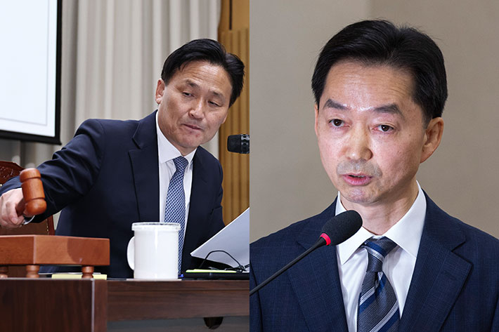 김영진 국회 행정안전위원회 위원장이 15일 서울시청에서 열린 국회 행정안전위원회의 전체회의에서 김지용 초대 중대범죄수사청장 후보자에 대한 인사청문 경과 보고서 채택을 알리며 의사봉을 두드리고 있다.  오른쪽은 김지용 중대범죄수사청장 후보자. 황진환 기자·연합뉴스