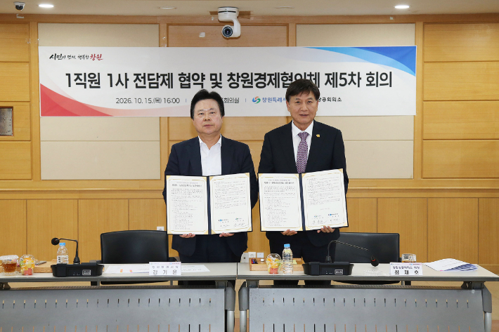 강기윤 창원시장(왼쪽)과 최재호 창원상공회의소 회장(오른쪽)이 15일 창원시청에서 열린 '1직원 1사 전담제 활성화 업무협약식'에서 협약을 체결하고 있다. 창원시 제공 