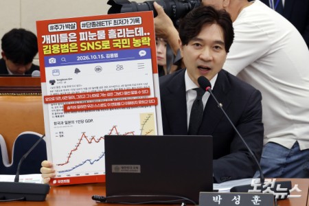 국민의힘 박성훈 의원이 19일 서울 여의도 국회에서 열린 정무위원회의 금융감독원 등에 대한 국정감사에서 피켓을 들어보이며 발언을 하고 있다.