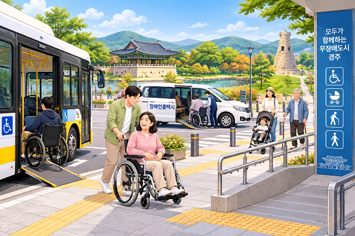 경주시가 추진하는 무장애도시 조성사업을 통해 장애인과 비장애인 모두가 안전하고 편리하게 생활하는 모습을 표현한 AI 생성 이미지. 경주시 제공