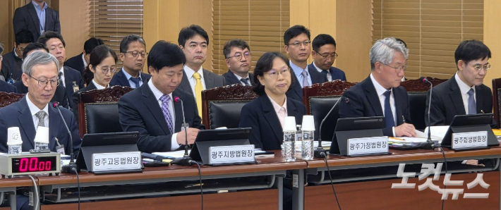 20일 광주지방법원에서 열린 국회 법제사법위원회 국정감사에서 광주고등법원장과 광주지방법원장, 광주가정법원장, 광주회생법원장이 의원들의 질의를 듣고 있다. 정유철 기자