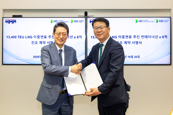 20일 판교 HD현대 글로벌R&D센터에서 진행된 1만 3천TEU급 LNG 이중연료 컨테이너선 건조 계약 서명식에서 HMM 최원혁 대표이사 사장(왼쪽)과 HD현대중공업 여용화 선박영업본부장 부사장이 기념촬영을 하고 있다. HMM 제공