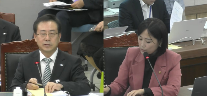 국회 교육위원회 소속 더불어민주당 백승아 의원(비례)이 20일 열린 강원특별자치도교육청 등 7개 시·도교육청 국정감사에서 강삼영 강원교육감에게 강원학원에 대한 질의를 하는 모습. 국회 국정감사 영상 캡처