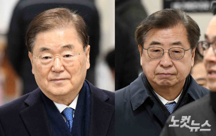 정의용 전 국가안보실장(왼쪽)과 서훈 전 국가정보원장. 박종민 기자 