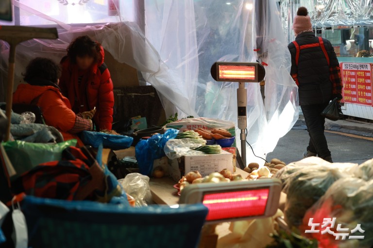 난로 쬐며 추위 녹이는 시장 상인들