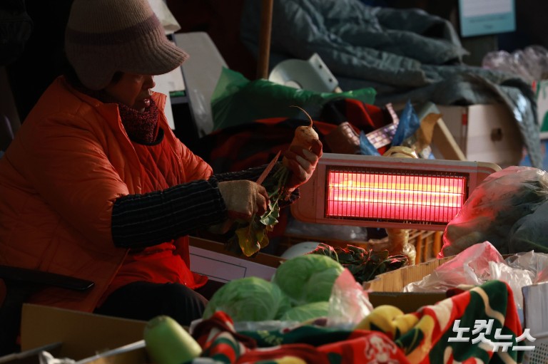 난로 쬐며 추위 녹이는 시장 상인들